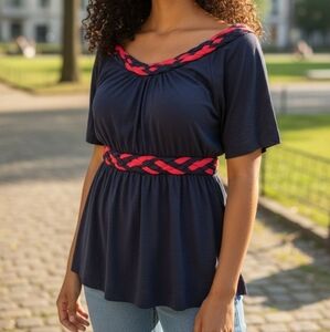 EUC Adorable French Connection Navy Blue Small Babydoll Tunic Red Rope Detail!